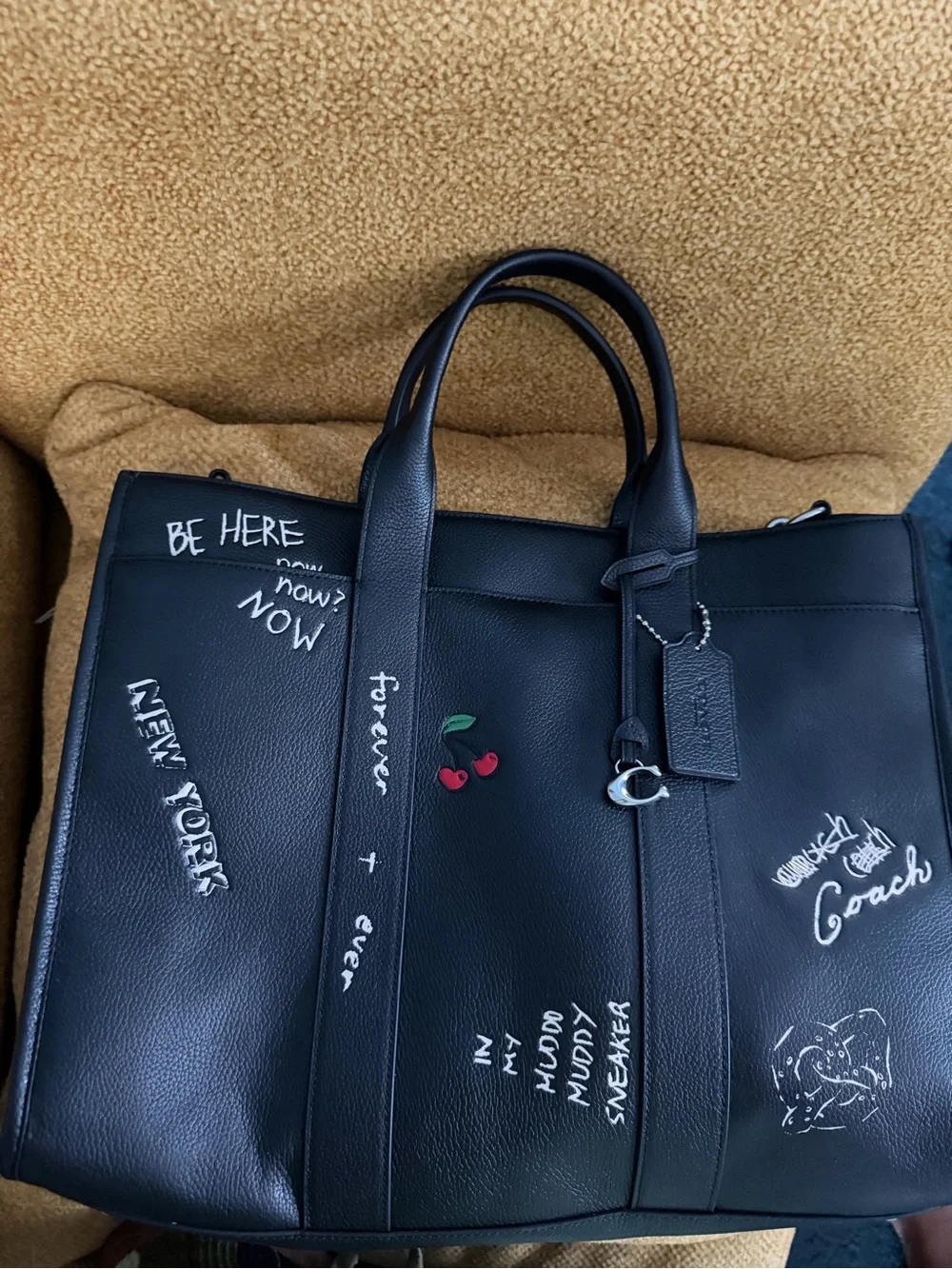 Coach Black Leather Graffiti Briefcase with Cherry Accent